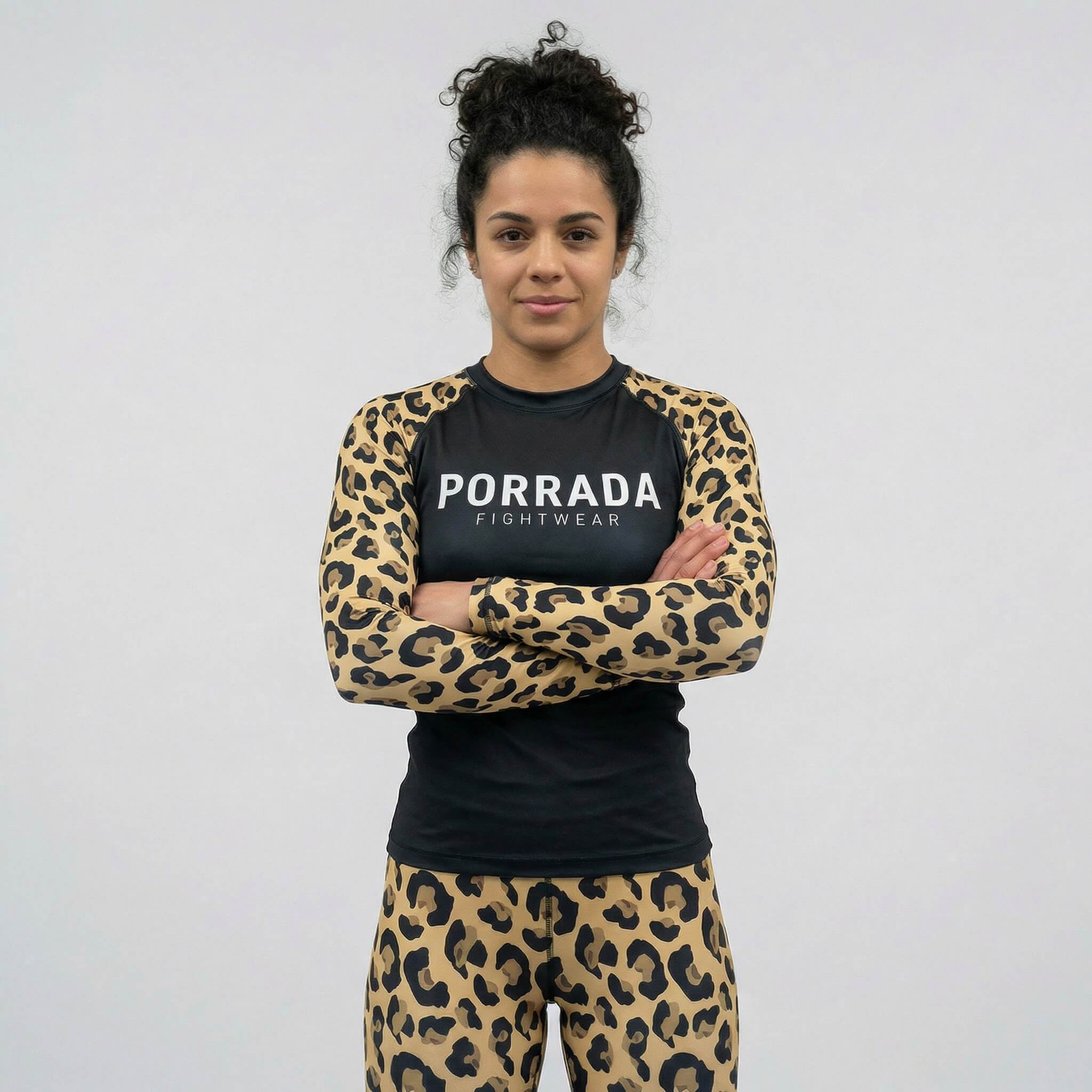 Competition-ready women’s leopard long sleeve rash guard