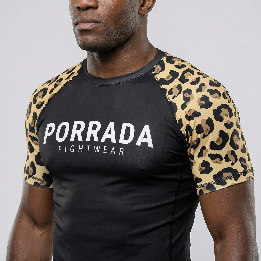 Athletic short sleeve rash guard featuring leopard pattern for BJJ and MMA