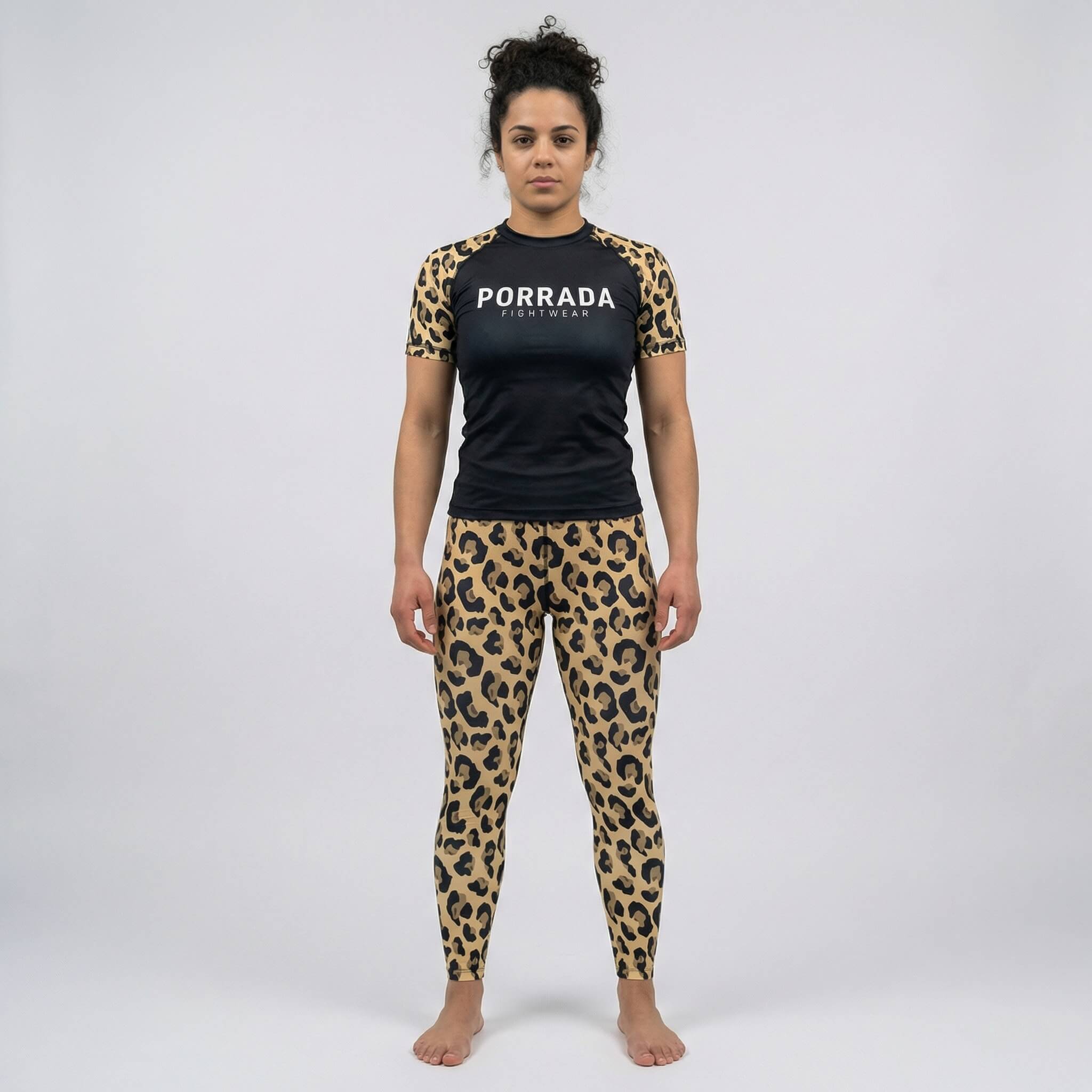 Women’s short-sleeve rash guard with leopard print design for BJJ and MMA