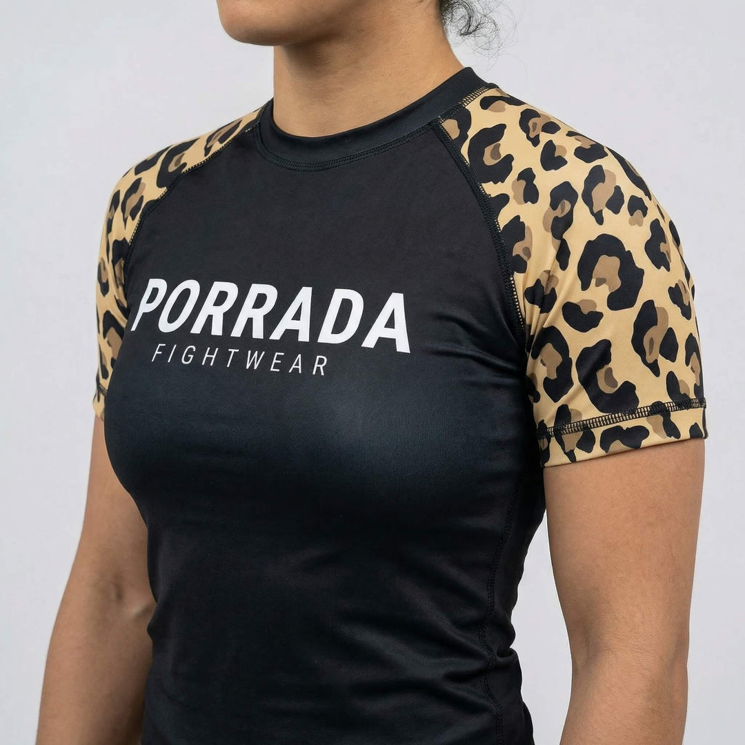 Women’s leopard print short sleeve rash guard for MMA or BJJ