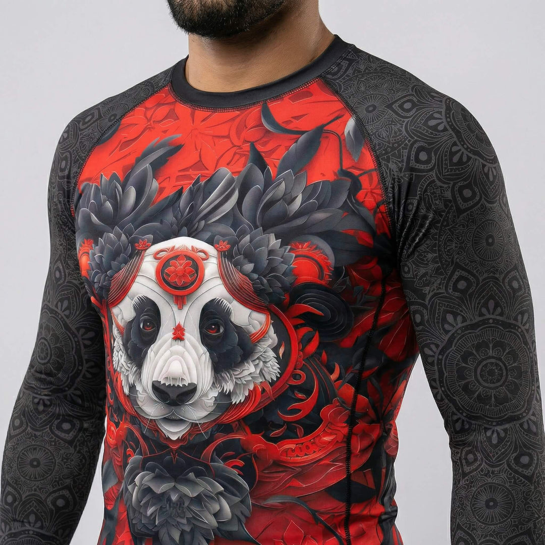 Close view of Lotus Panda rash guard for BJJ or MMA training