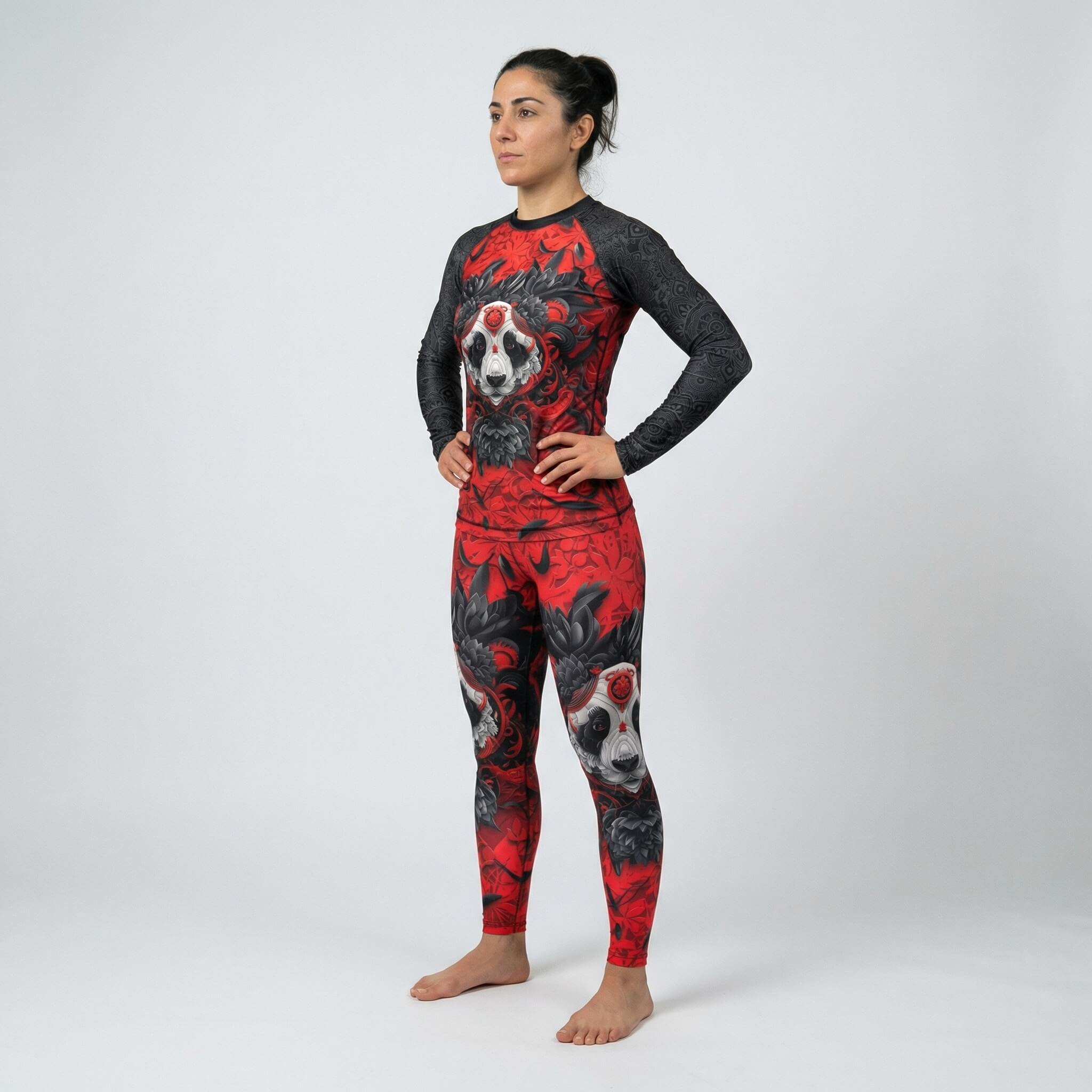 Performance women’s long sleeve rash guard with Lotus Panda artwork for BJJ and MMA