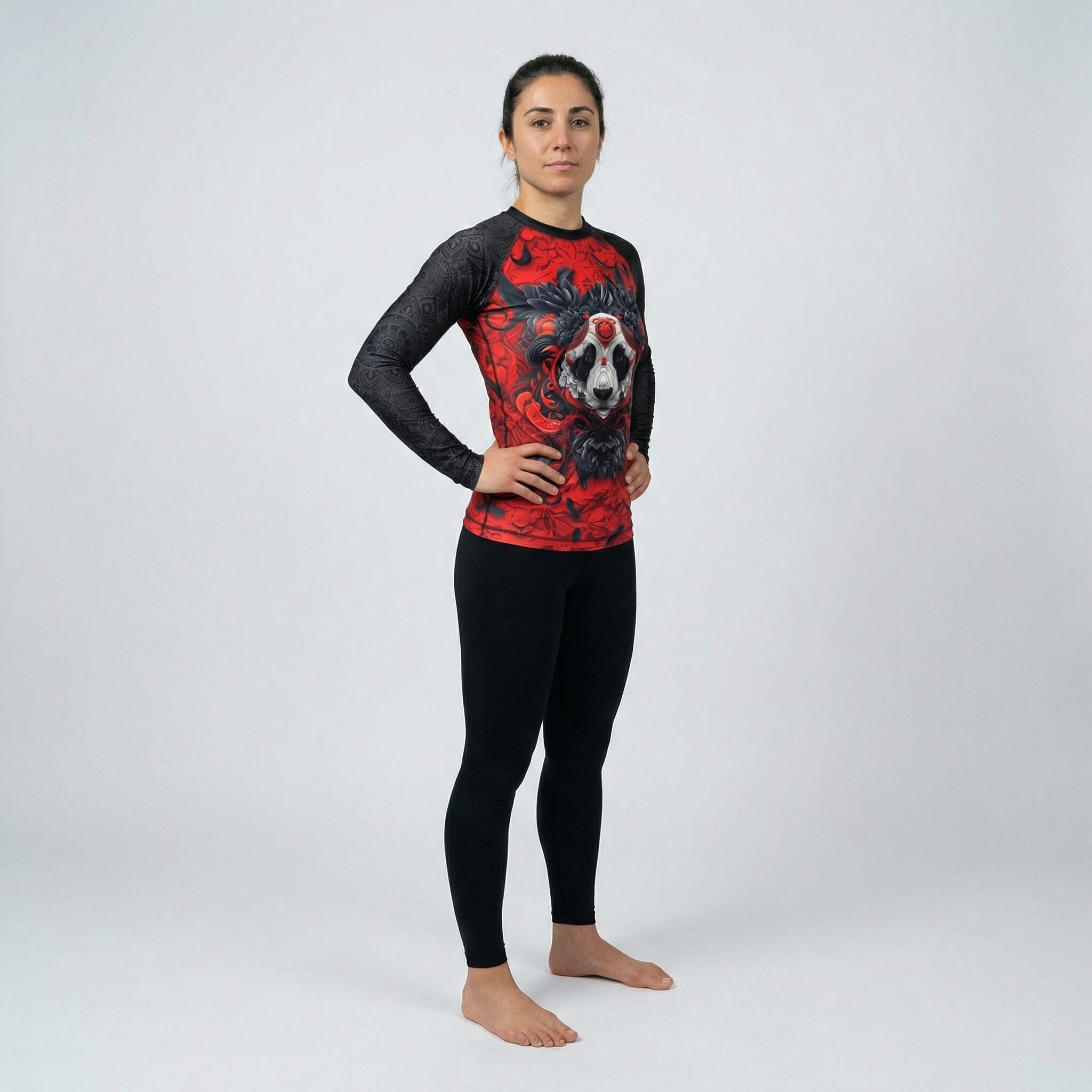 Women’s no-gi long sleeve rash guard featuring Lotus Panda design for training and tournament
