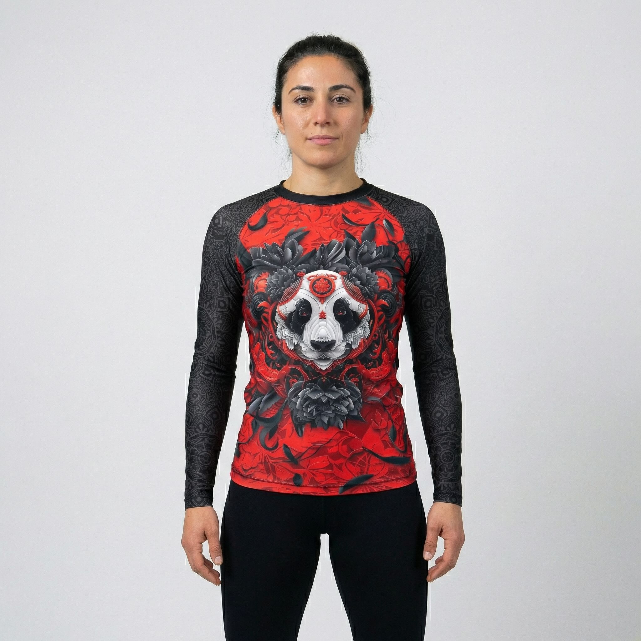 Front view of women’s Lotus Panda long sleeve rash guard