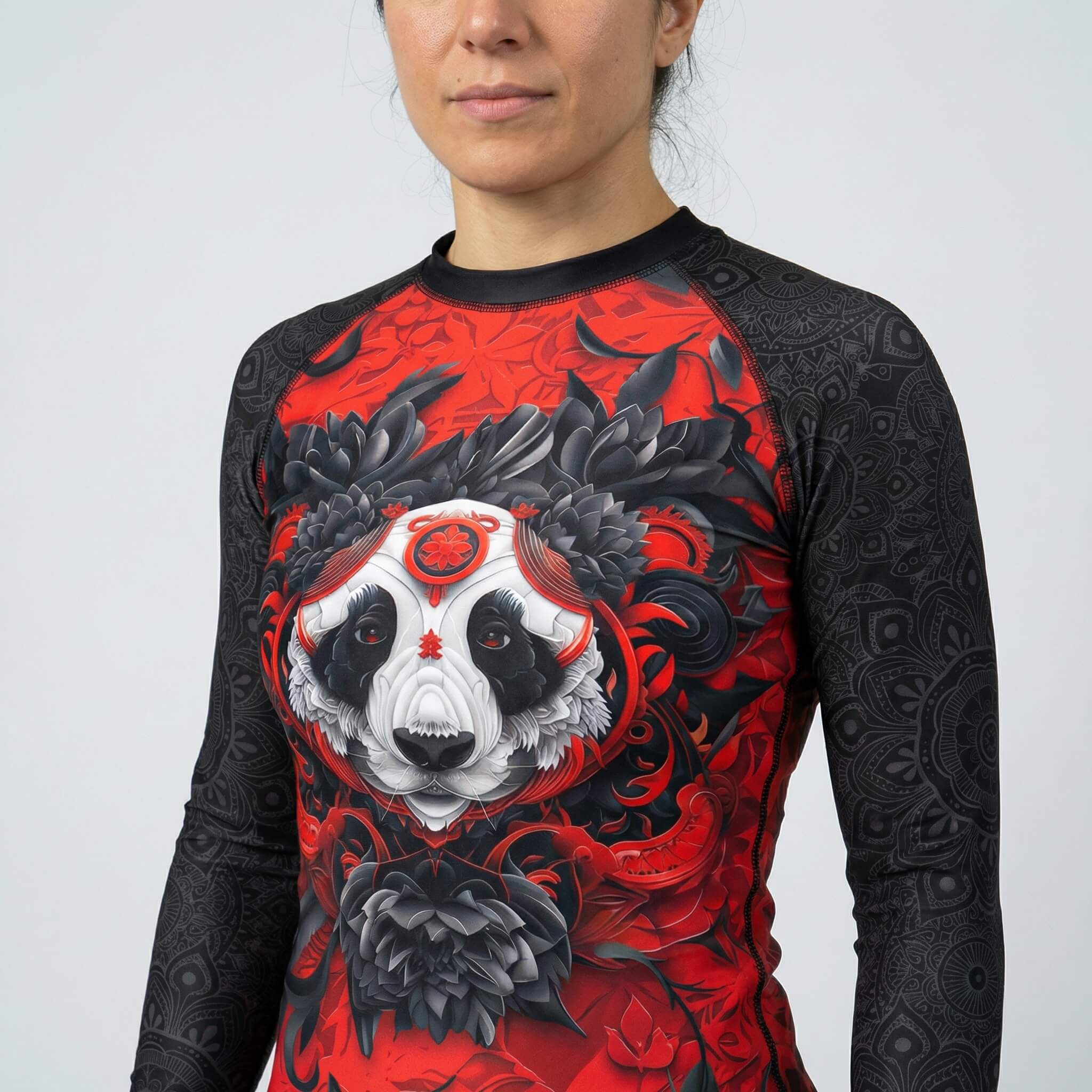 Women’s long sleeve rash guard with Lotus Panda design for BJJ or MMA