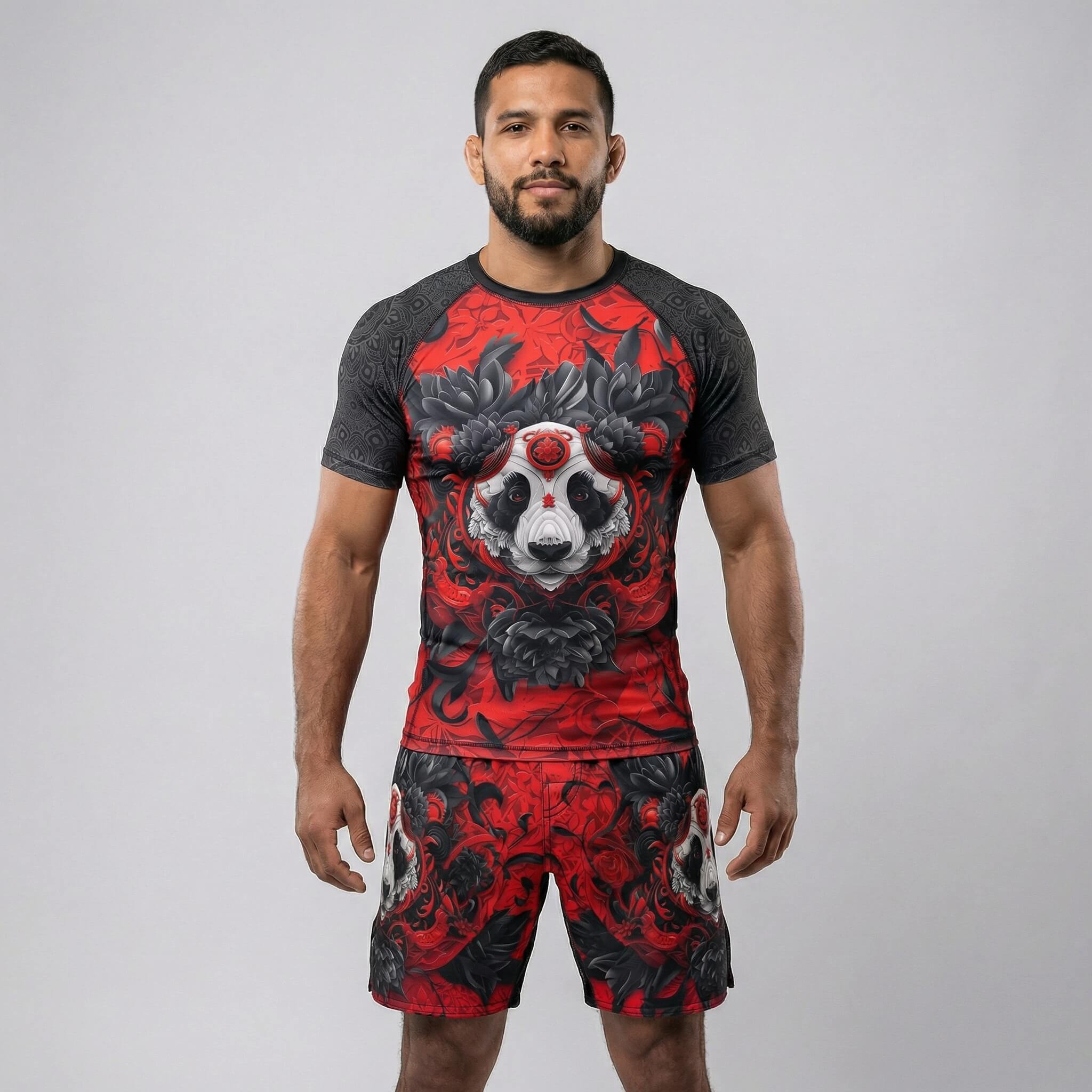 Front view Lotus Panda short sleeve rash guard for BJJ or MMA