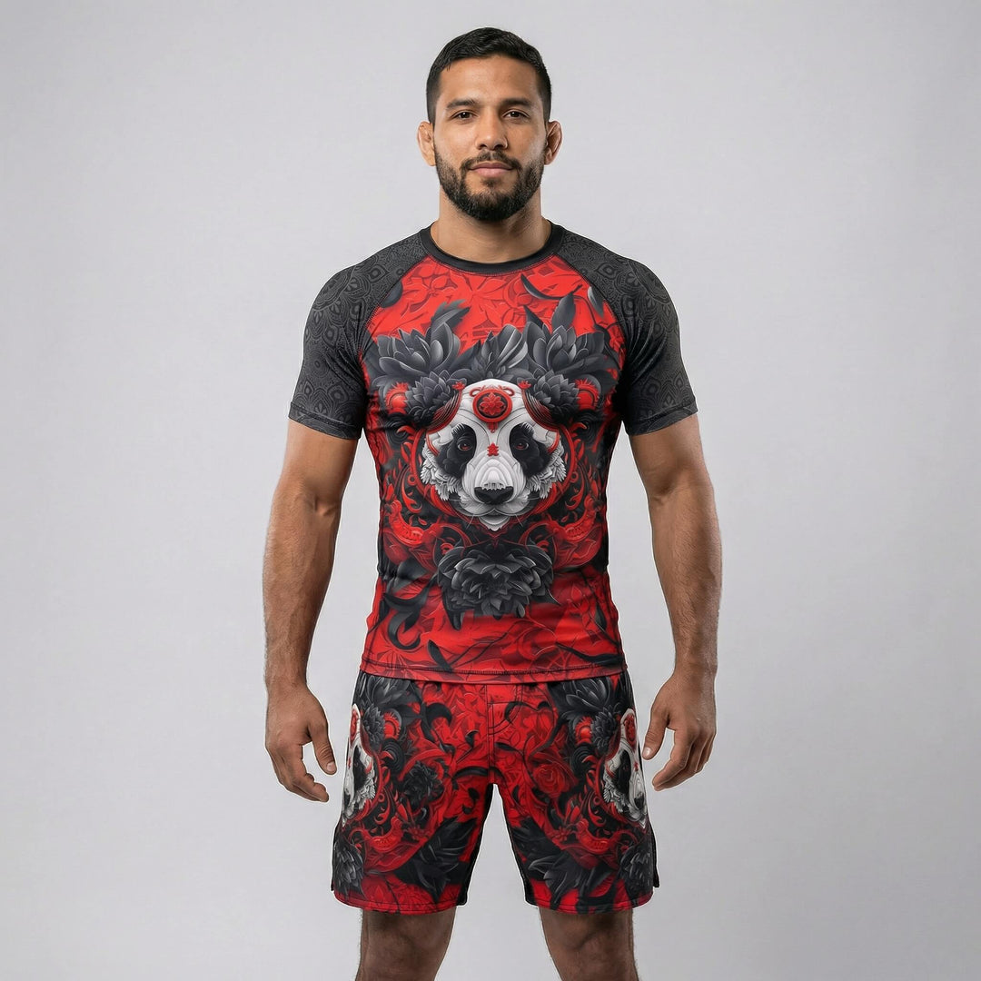 Fight shorts featuring bold Lotus Panda graphic design for BJJ and MMA