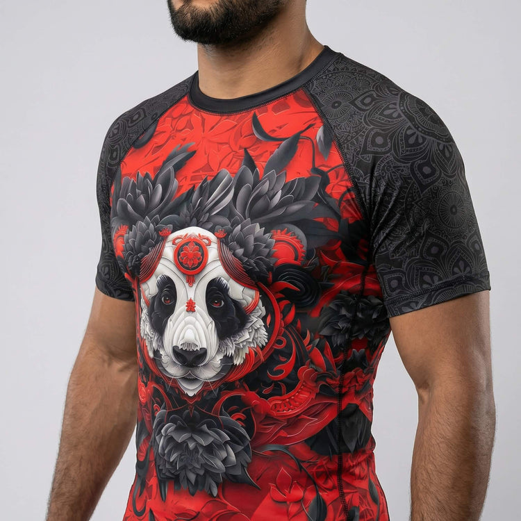 Close view of Lotus Panda short sleeve rash guard for BJJ or MMA