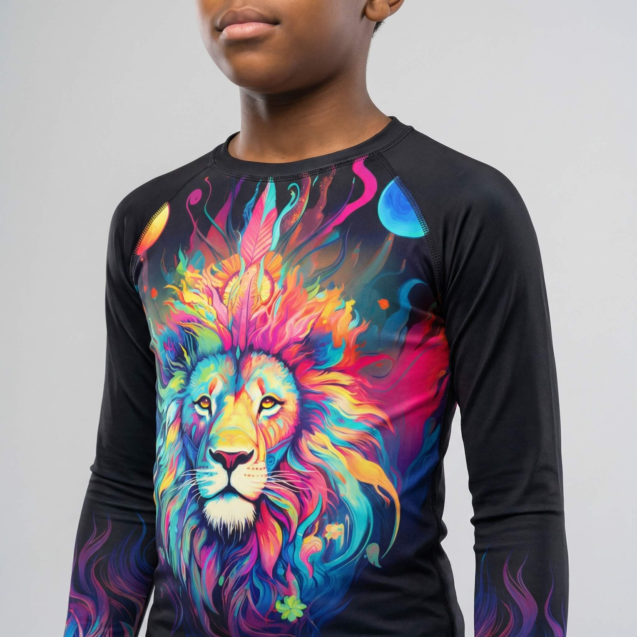 Kids' Mystical Rainbow Lion long sleeve rash guard for BJJ and MMA