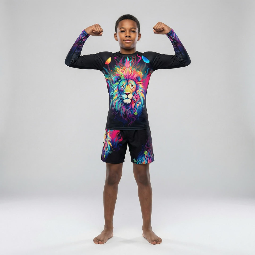 Mystical Rainbow Lion fight shorts for kids' BJJ and MMA training