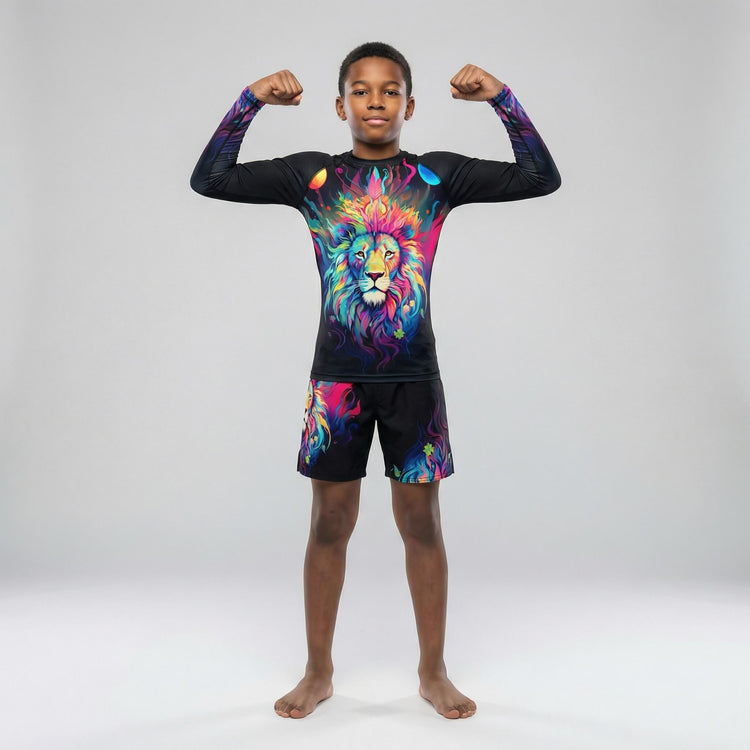 Mystical Rainbow Lion fight shorts for kids' BJJ and MMA training