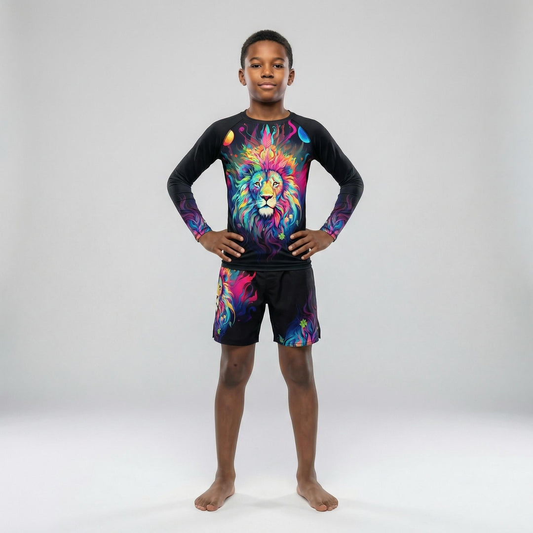 Kids' Mystical Rainbow Lion long sleeve rash guard for grappling and MMA