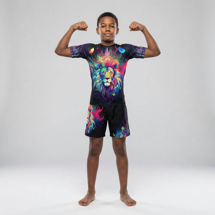 Kids' Mystical Rainbow Lion short sleeve rash guard for grappling and MMA