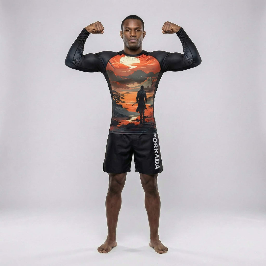 Performance rash guard featuring ‘The Lost Warrior’ artwork for BJJ and MMA competition