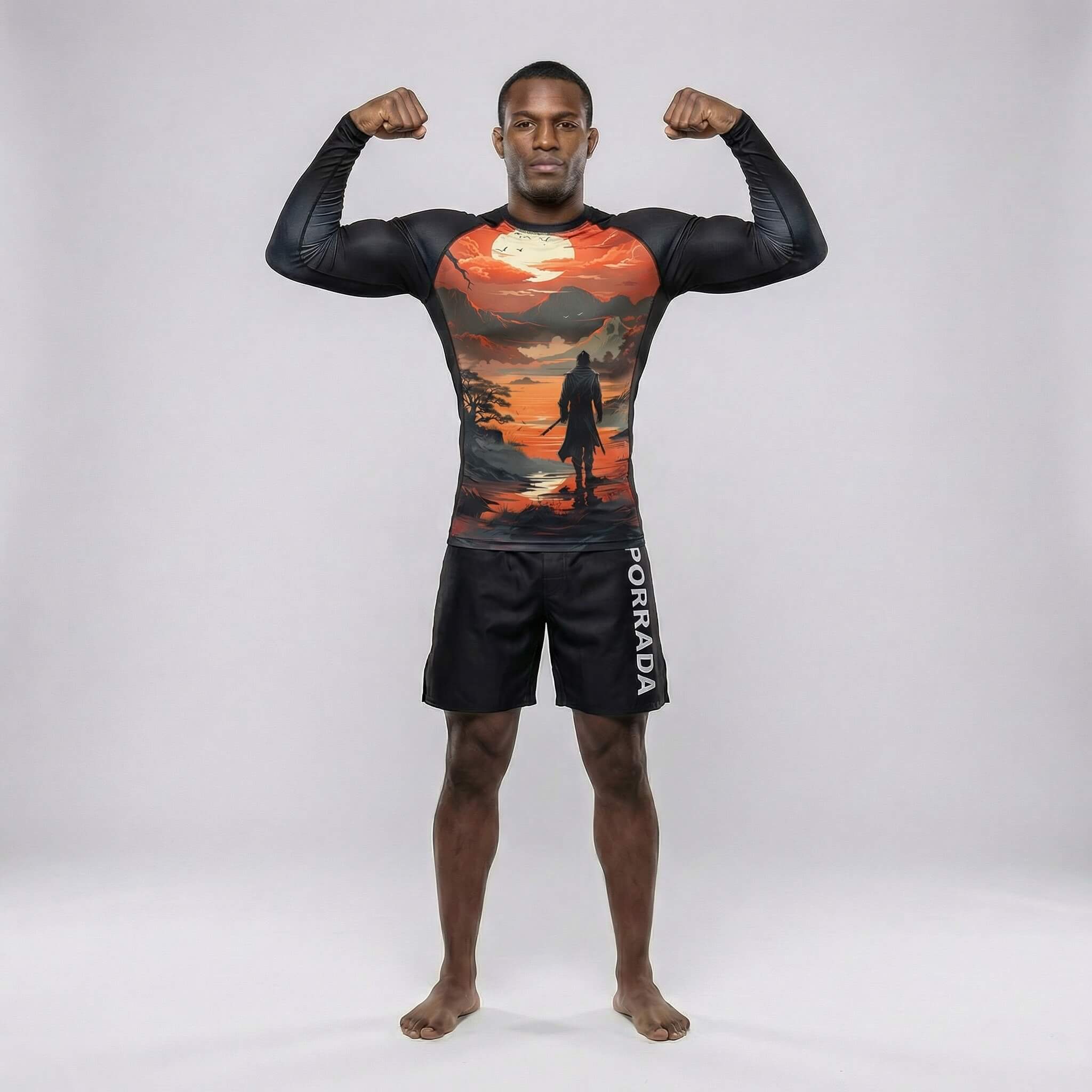 Performance rash guard featuring ‘The Lost Warrior’ artwork for BJJ and MMA competition