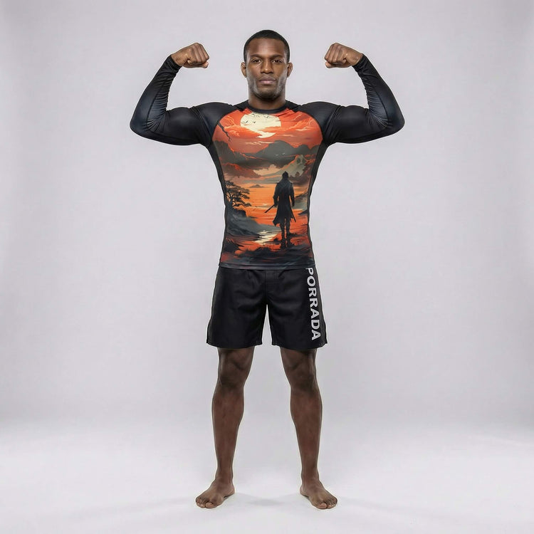 Performance rash guard featuring ‘The Lost Warrior’ artwork for BJJ and MMA competition