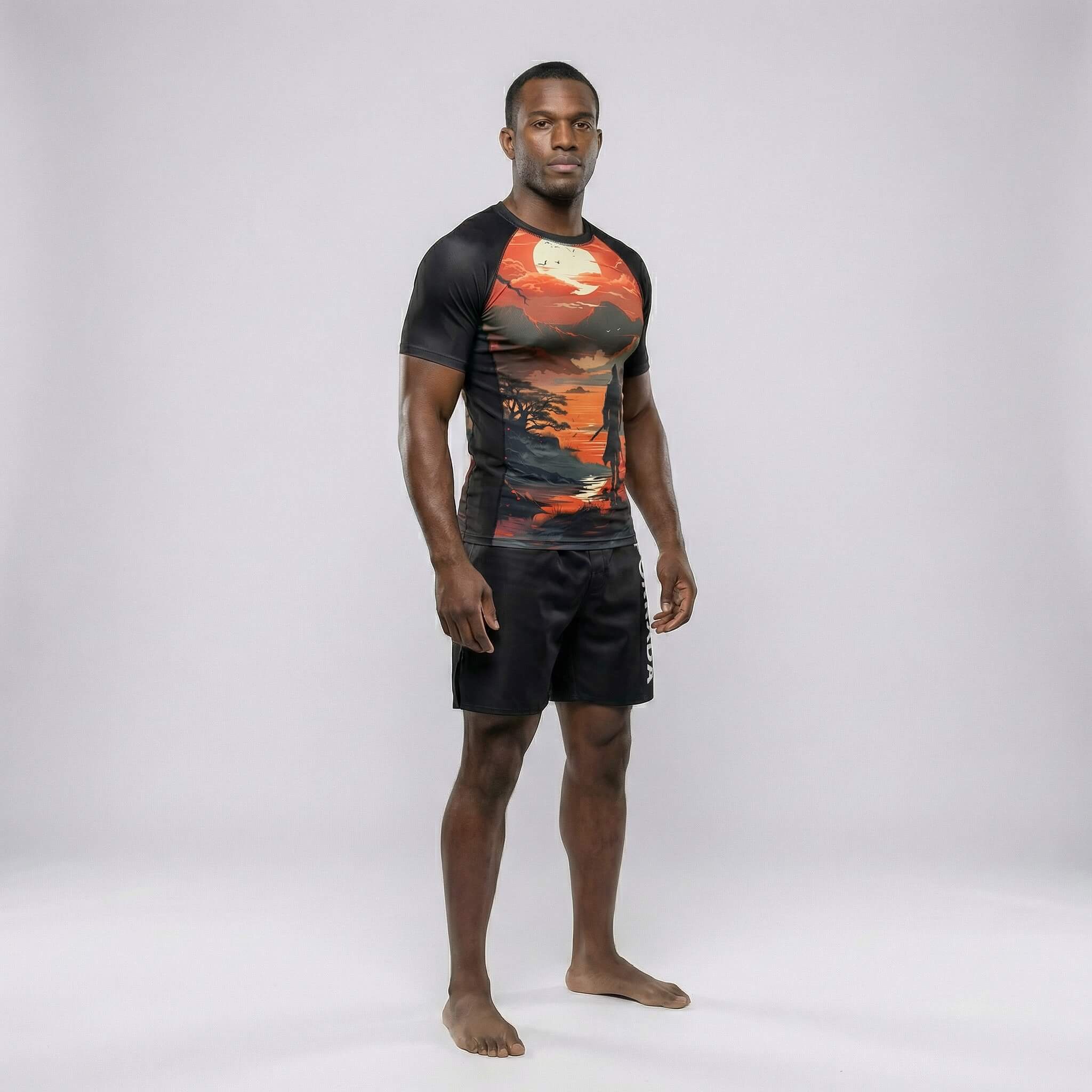 Athletic fit short sleeve rash guard with bold Lost Warrior design for MMA and BJJ 