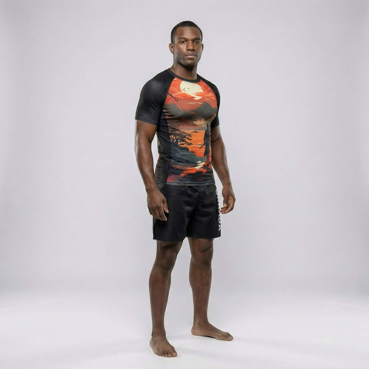 Athletic fit short sleeve rash guard with bold Lost Warrior design for MMA and BJJ 