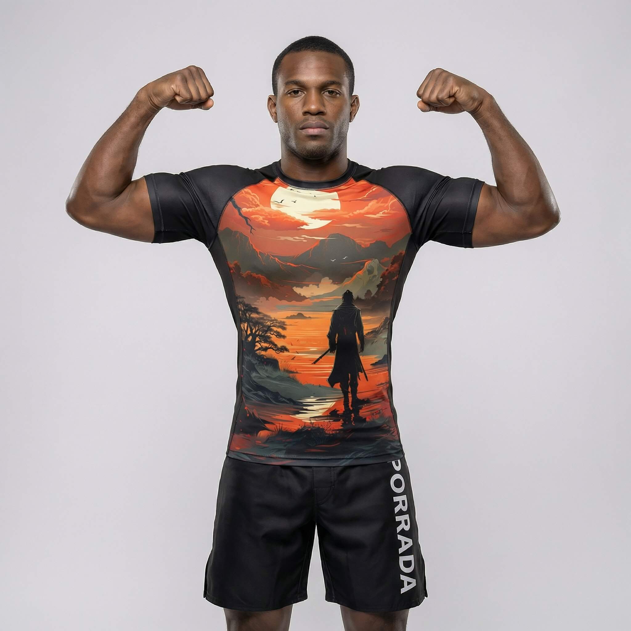 Short sleeve performance rash guard with The Lost Warrior graphic print for BJJ and MMA
