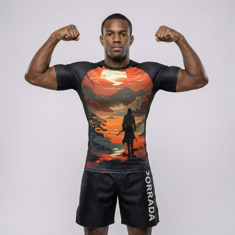 Short sleeve performance rash guard with The Lost Warrior graphic print for BJJ and MMA