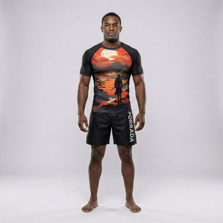 No-gi short sleeve rash guard featuring The Lost Warrior artwork for BJJ and MMA