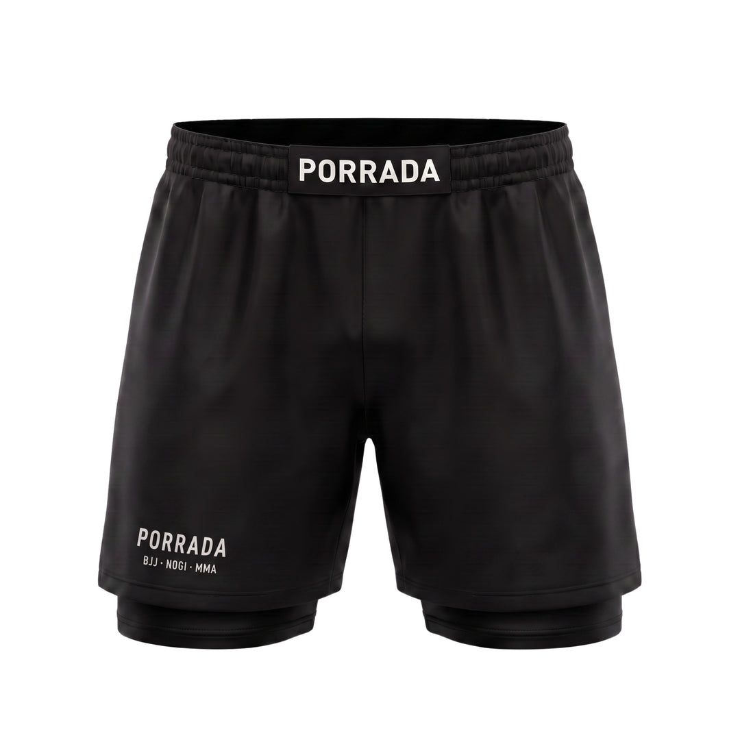 Porrada Essential Black 2-in-1 Hybrid Shorts - dual-layer BJJ and MMA fight shorts with compression liner