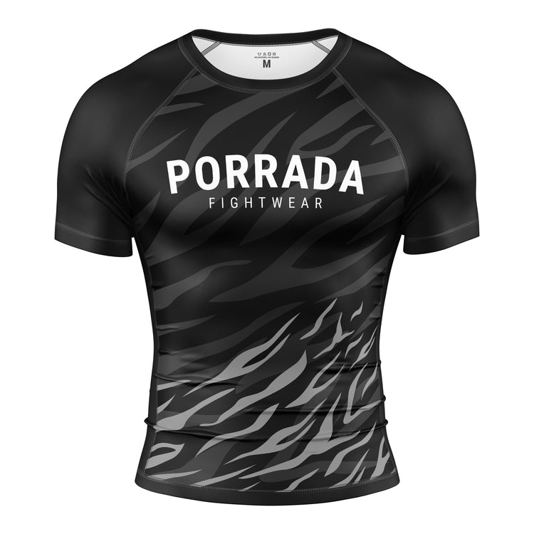 Black and gray patterned short-sleeve rash guard for BJJ and MMA