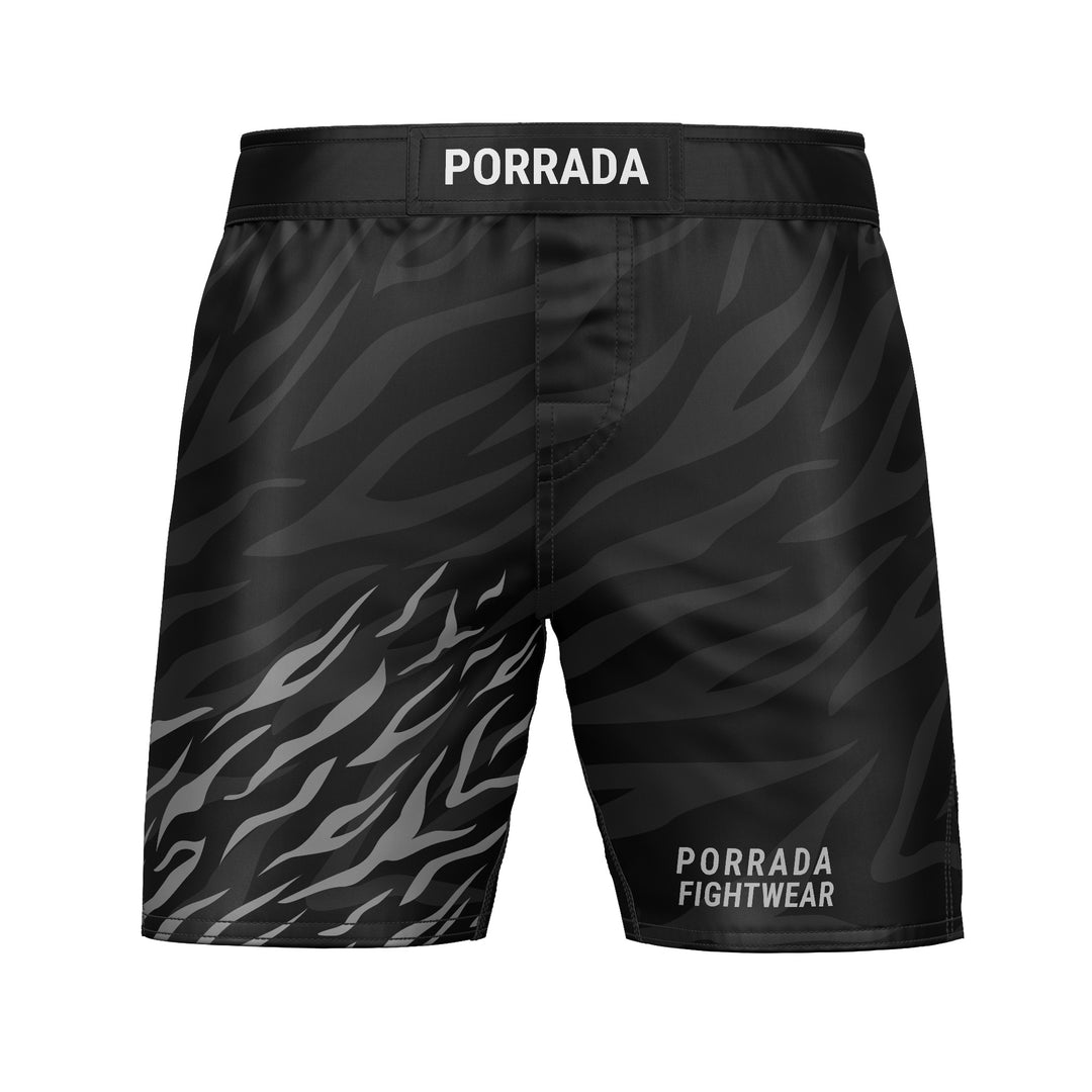 Black athletic shorts with a flame pattern for BJJ and MMA