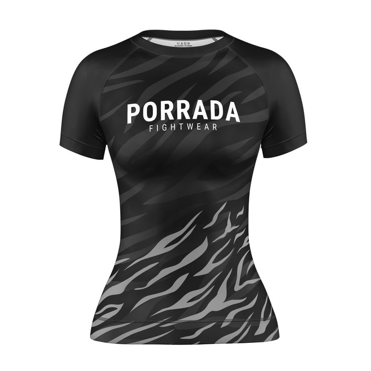 Black and gray patterned women's short-sleeved rash guard for BJJ and MMA