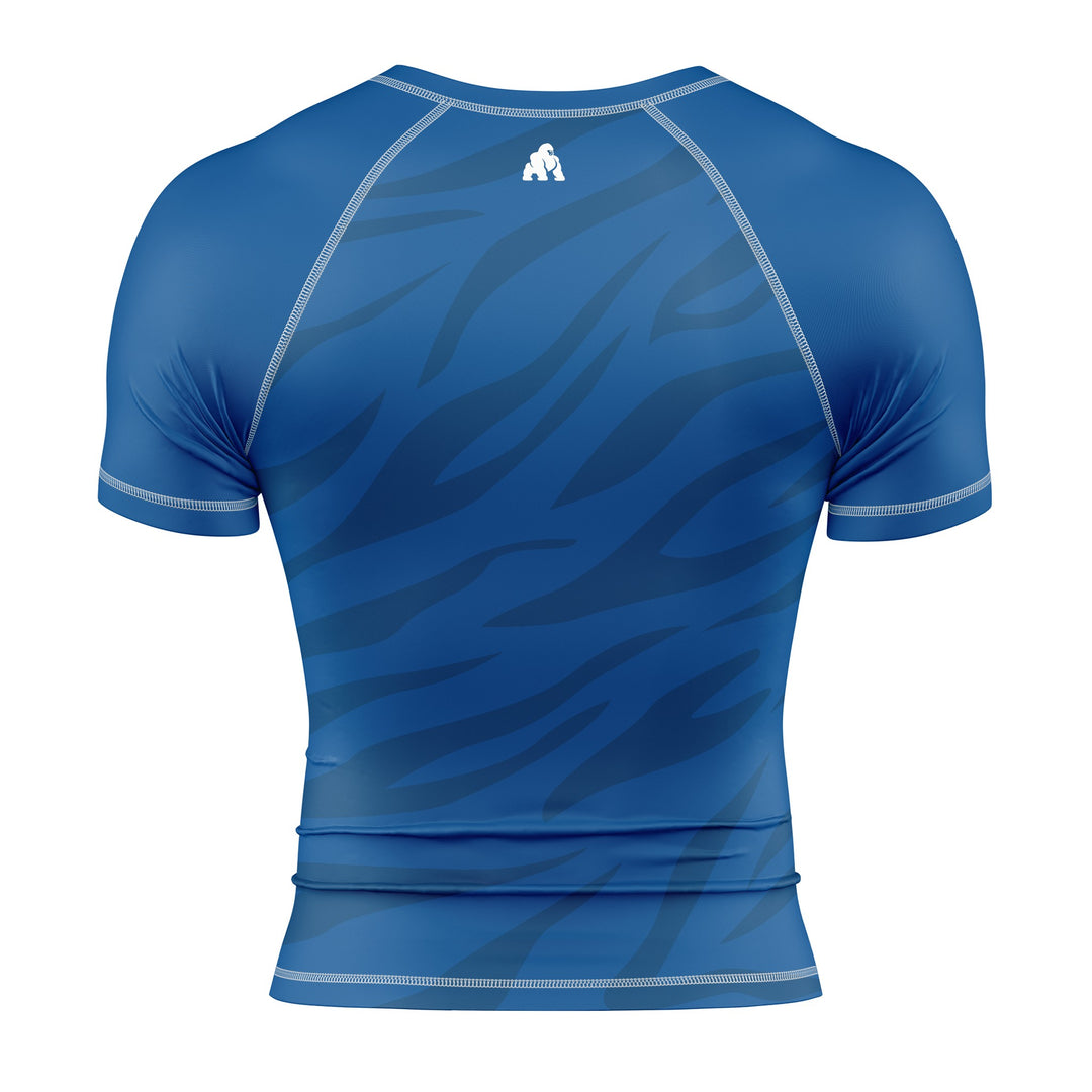 Back view of blue belt competition ranked rash guard