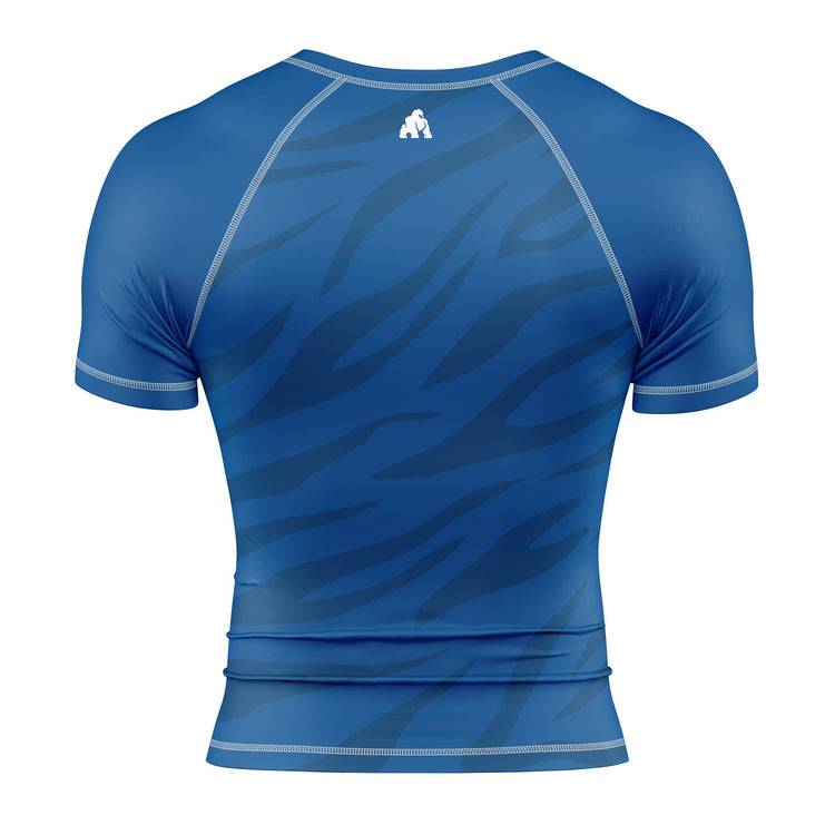 Back view of blue belt competition ranked rash guard