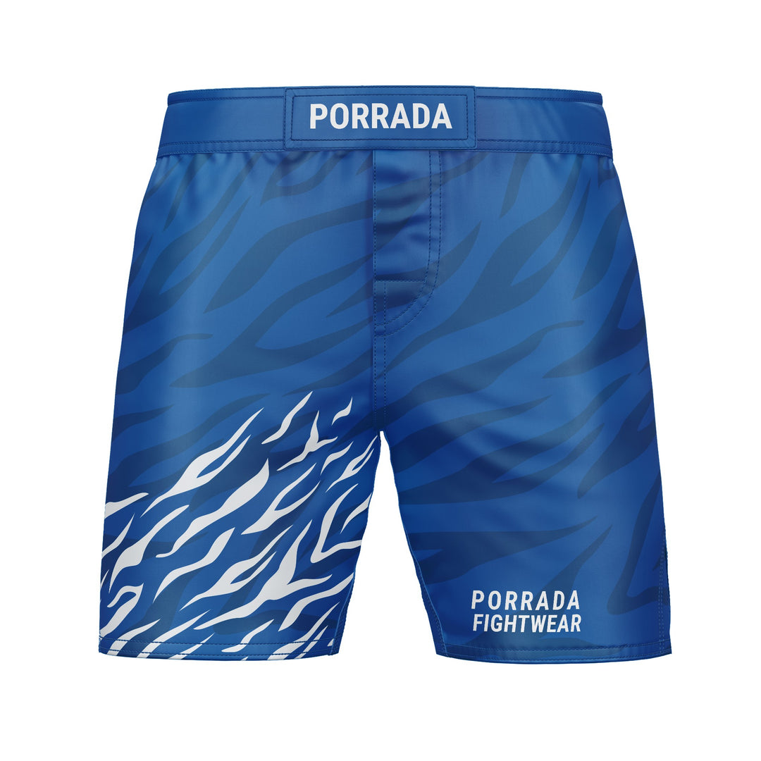 Blue fight shorts with a flaming design for BJJ and MMA