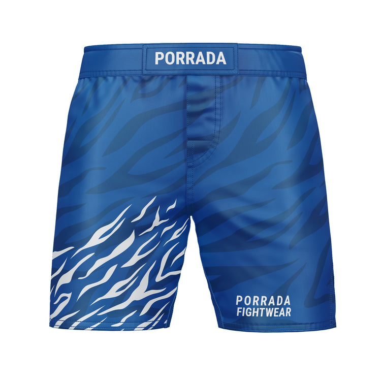 Blue fight shorts with a flaming design for BJJ and MMA