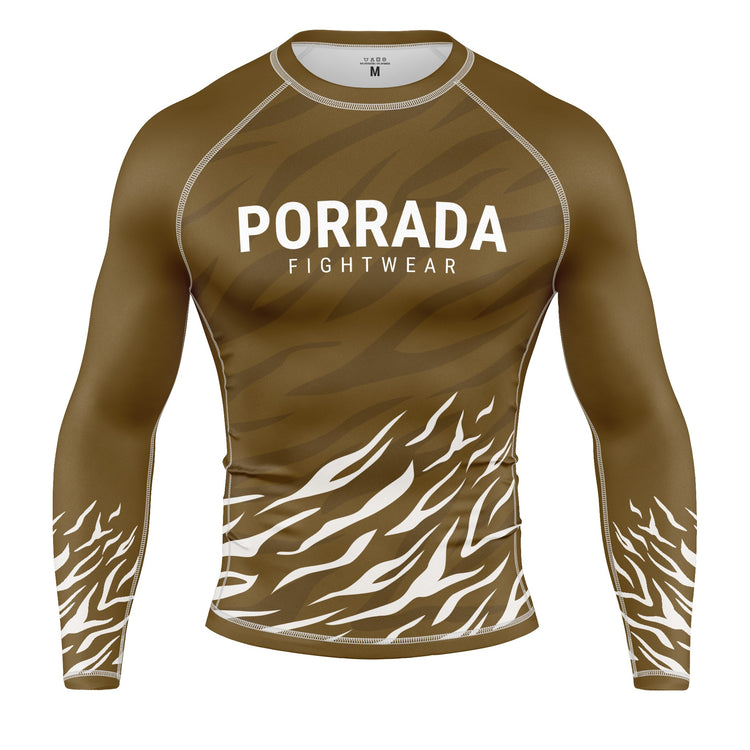 Brown long-sleeve rash guard with a tiger stripe pattern for BJJ and MMA