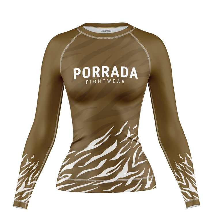 Brown women's long-sleeve athletic rash guard for BJJ and MMA 