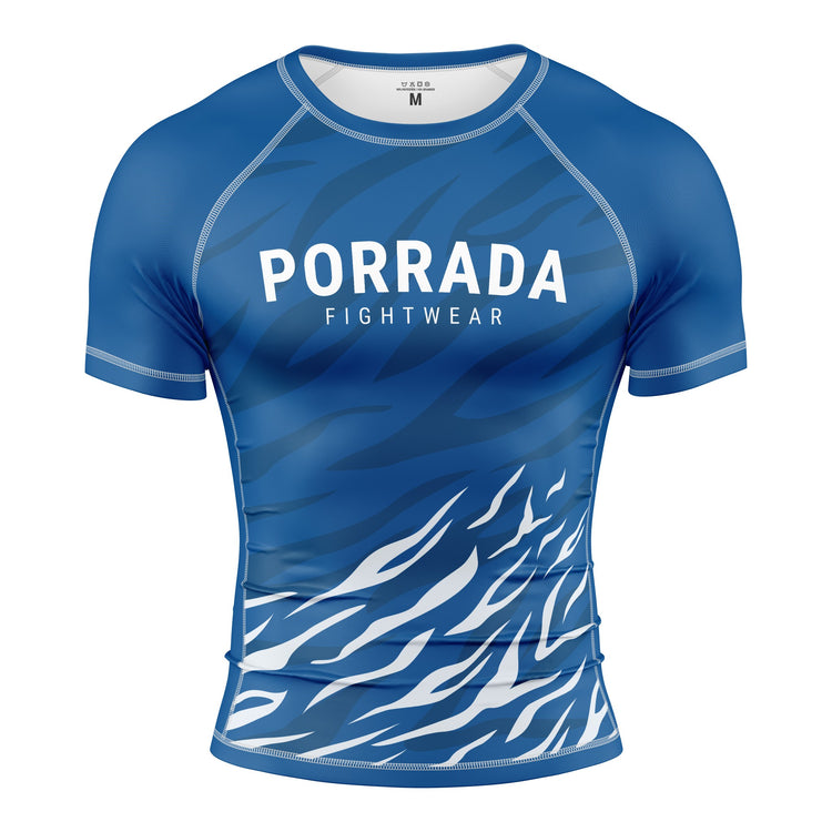 Porrada competition blue belt rash guard shirt with white flame design and 'PORRADA FIGHTWEAR' text on a white background