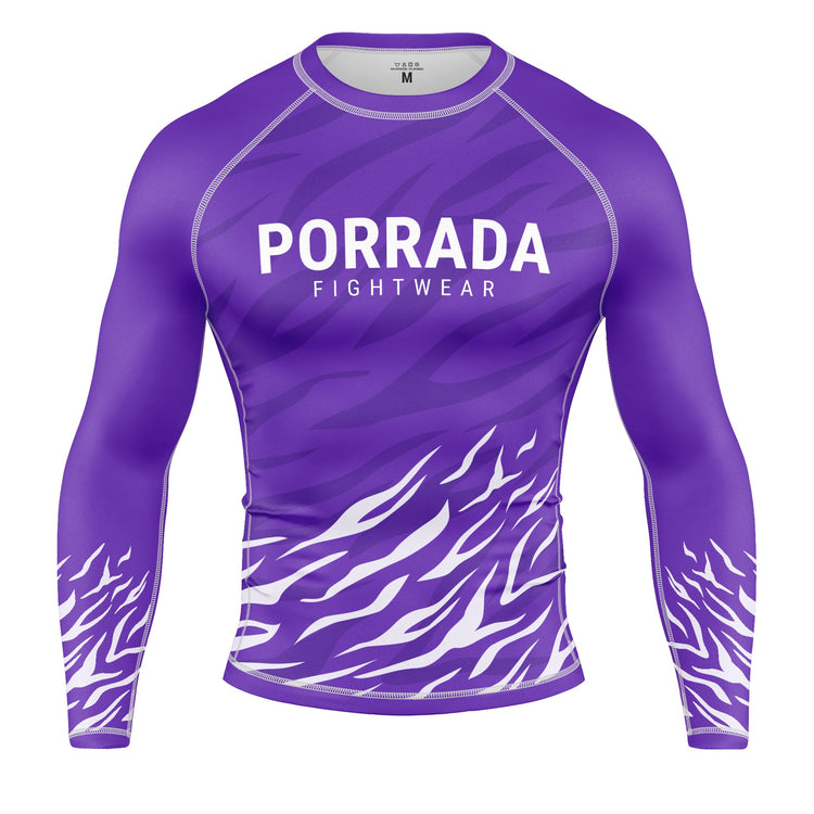 Purple long-sleeve rash guard with zebra pattern for BJJ and MMA