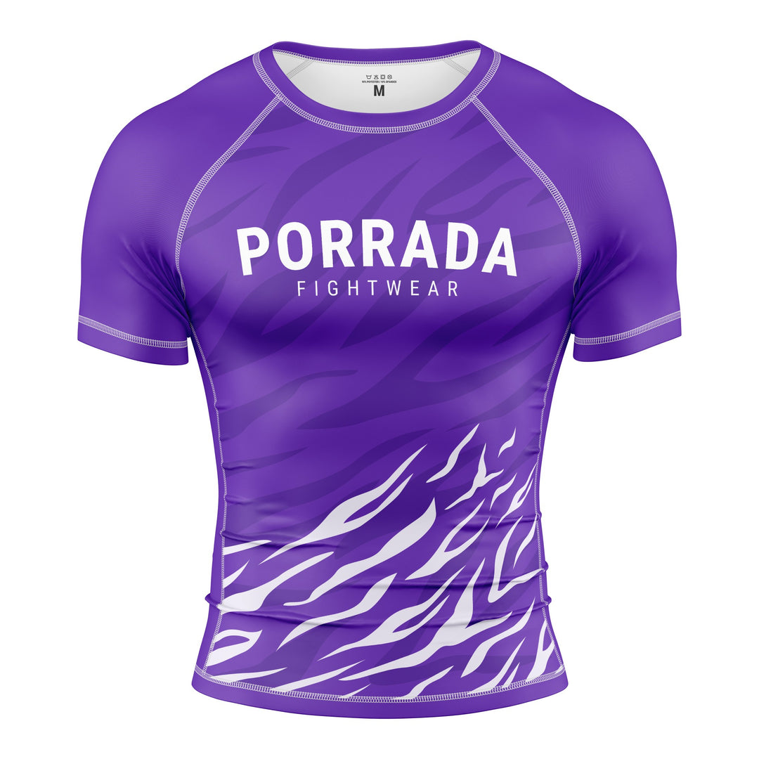 Purple athletic rash guard with white flame design for BJJ and MMA