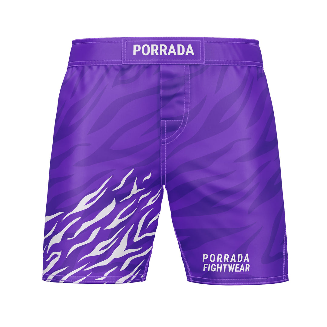 Purple fight shorts with a flaming design for BJJ and MMA