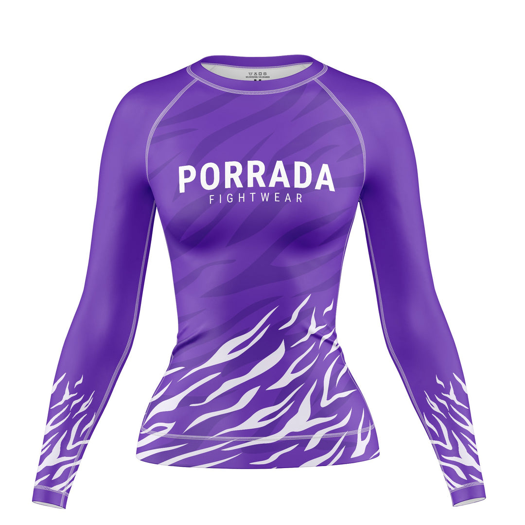 Purple women's long-sleeve rash guard for BJJ and MMA