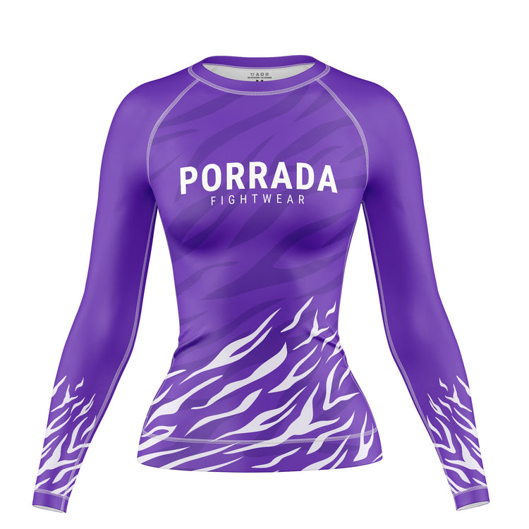 Purple women's long-sleeve rash guard for BJJ and MMA
