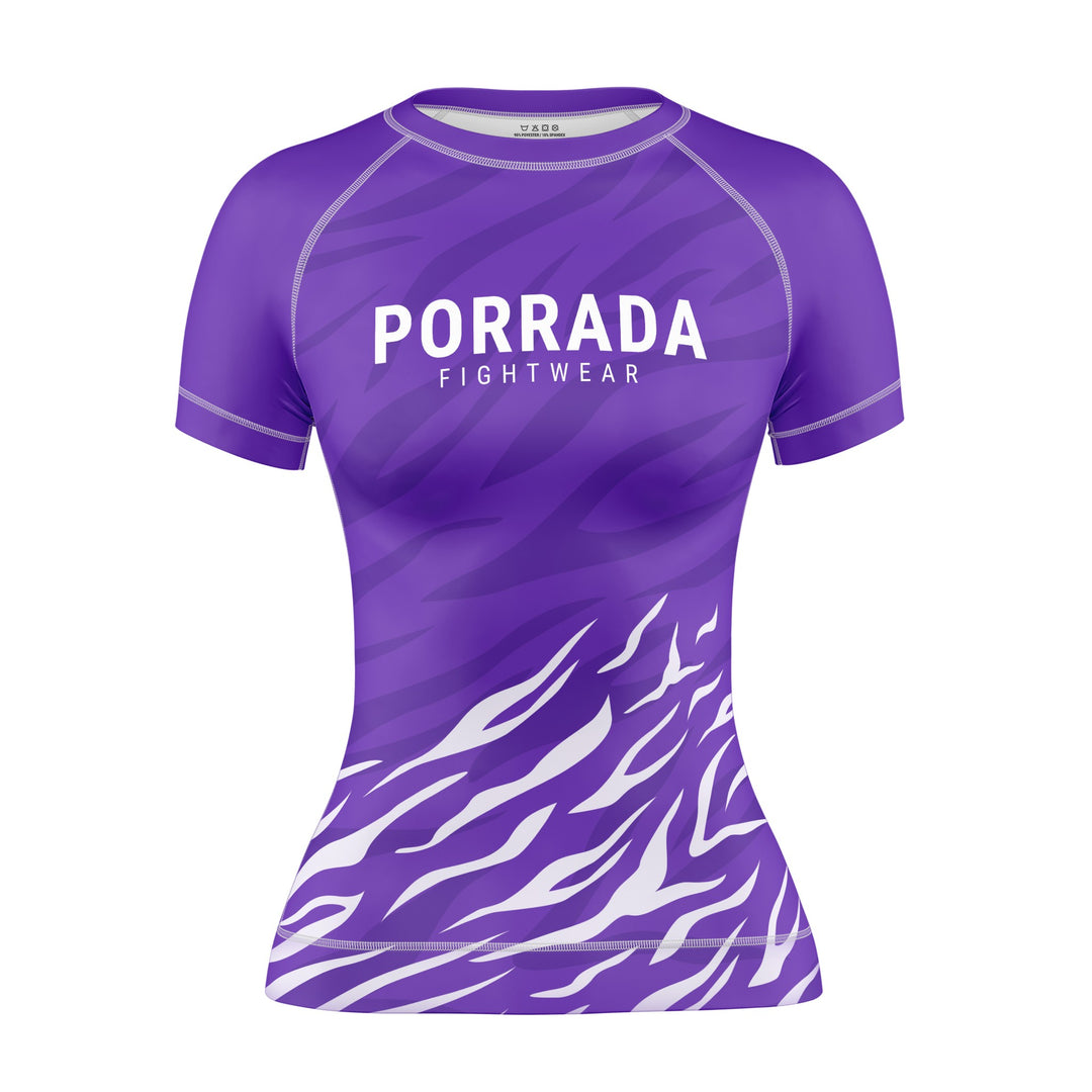 Women’s purple short-sleeve rash guard for BJJ and MMA