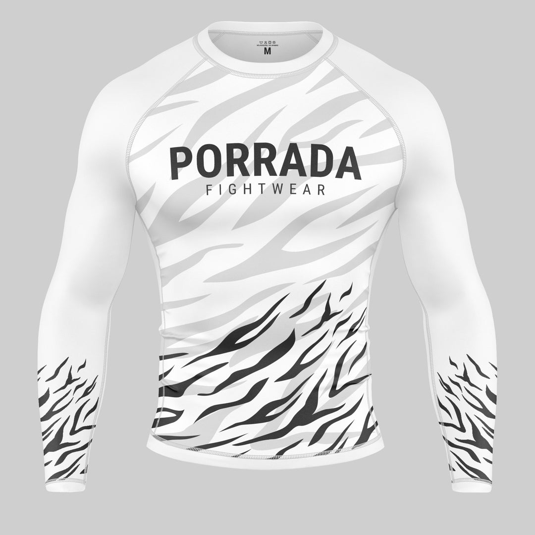 White long-sleeve rash guard with zebra pattern for BJJ and MMA