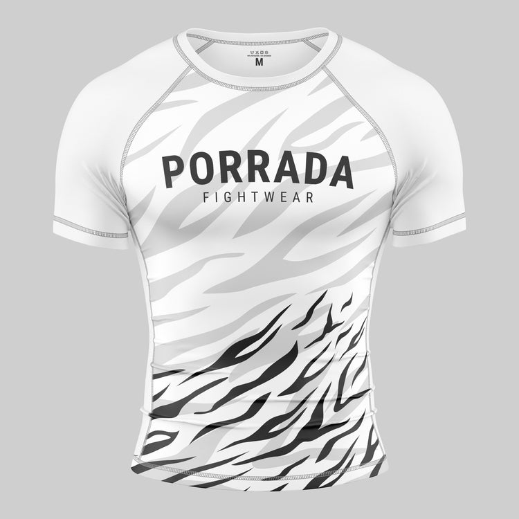 White athletic short-sleeve rash guard with black patterns for BJJ and MMA