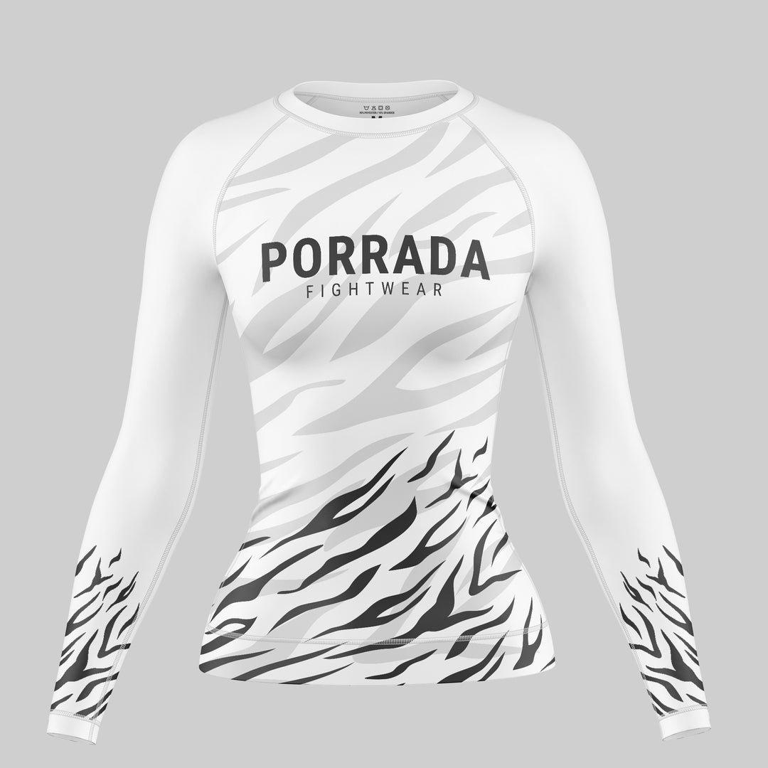 White long-sleeve women's rash guard with black and gray zebra pattern for BJJ and MMA