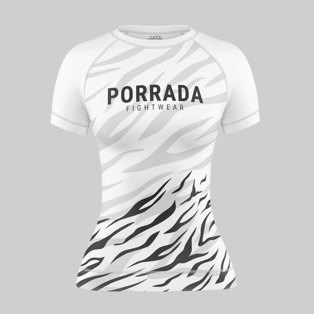 White short-sleeve rash guard with black zebra pattern for BJJ and MMA