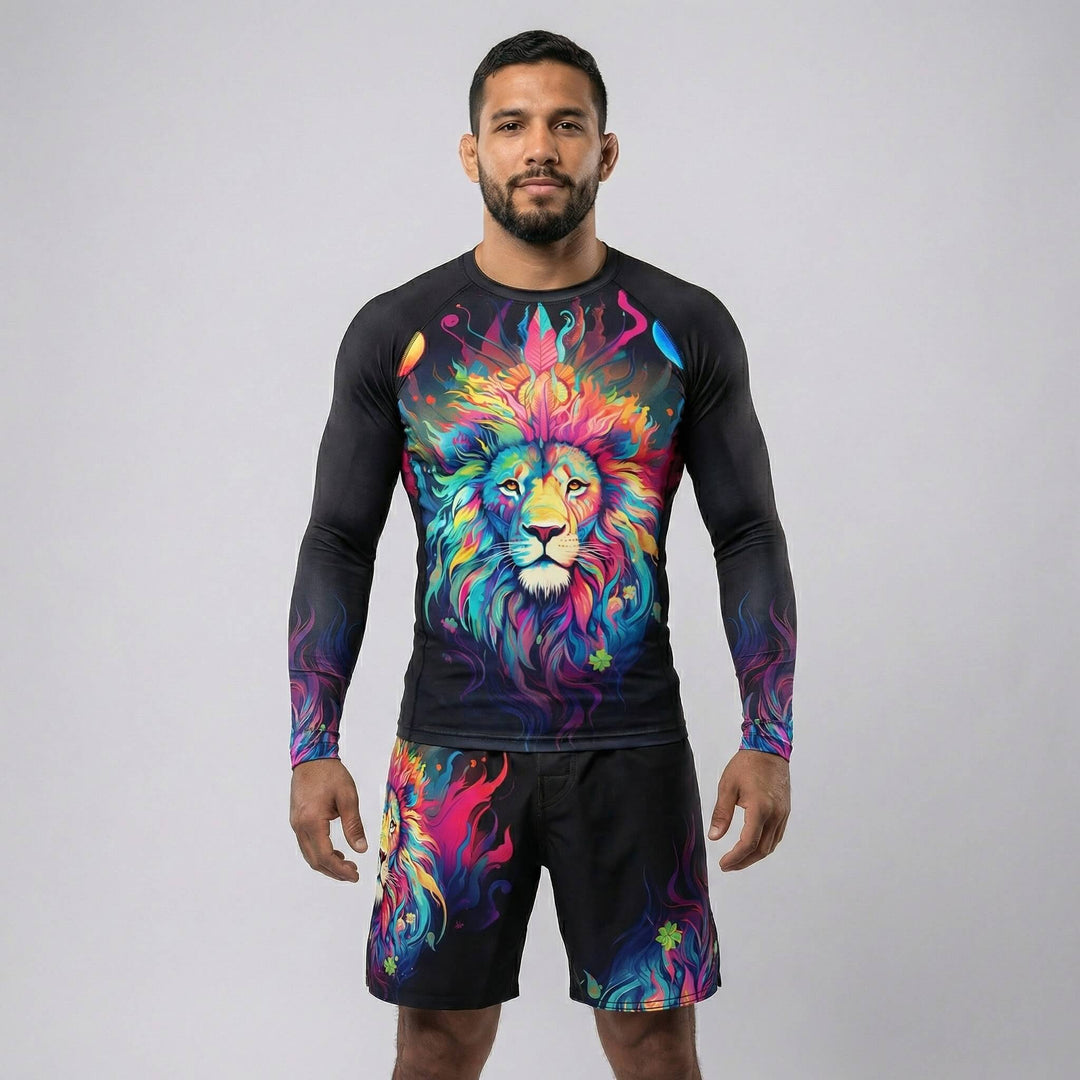 Men’s grappling rash guard with mystical lion design