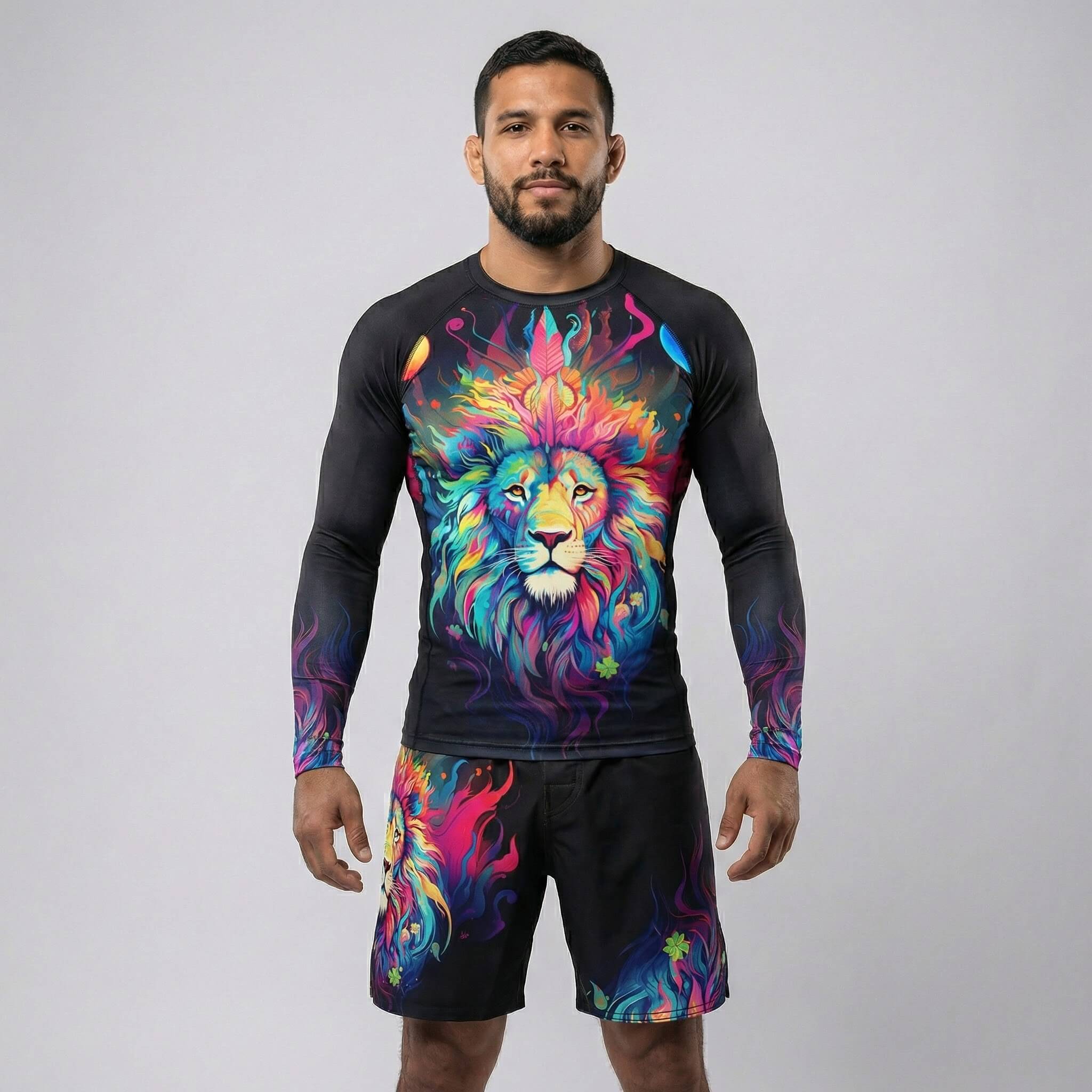 Men’s grappling rash guard with mystical lion design