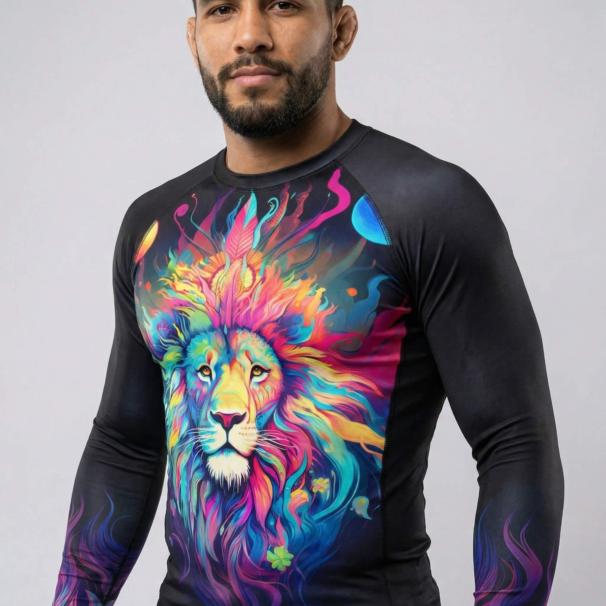 Mystical Lion themed long sleeve rash guard for BJJ or MMA