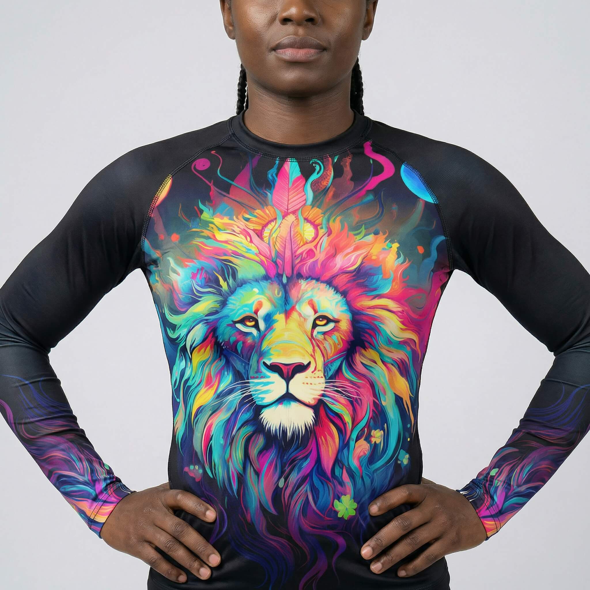 Mystical Lion themed women’s long sleeve BJJ and MMA rash guard